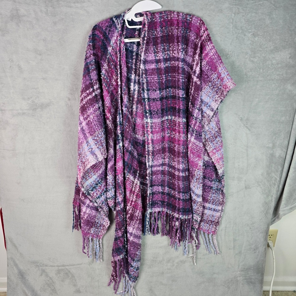 Woolrich Womens Purple Plaid Fringed Poncho Wrap Boucle Knit One Size